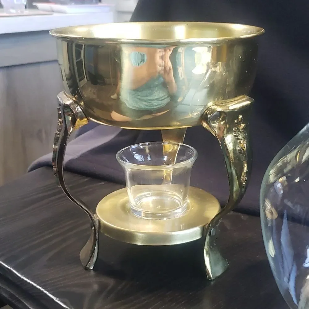 Princess House Brass Glass Coffee Carafe Tea Pot w/ Warming Stand Candle Holder